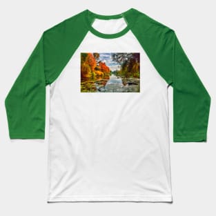 Lakeside Autumn Trees Baseball T-Shirt